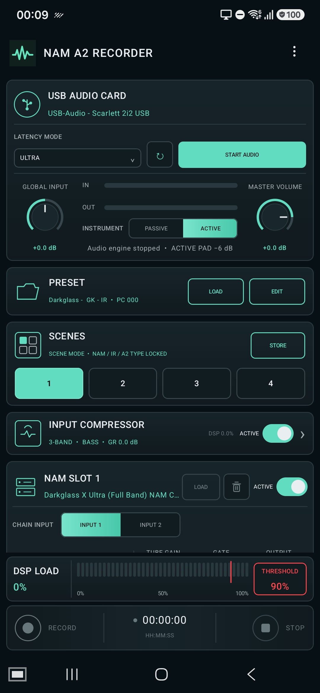NAM A2 Recorder interface showing USB audio, presets, scenes and NAM processing